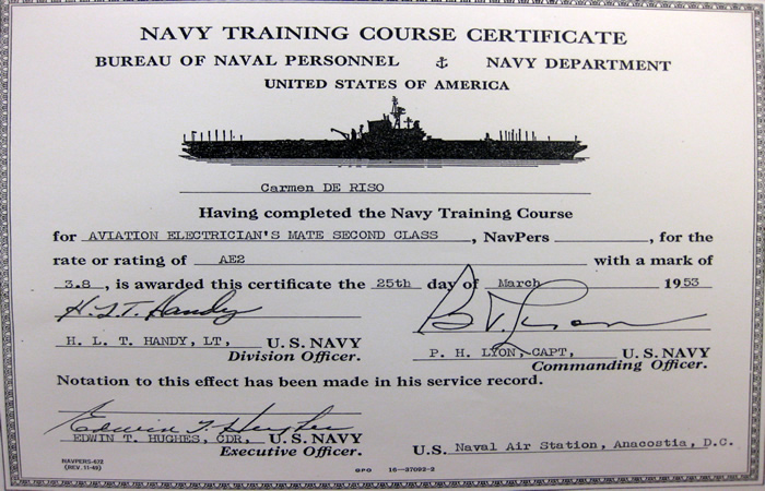Carmen Deriso's Navy Training Certificate